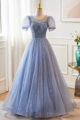 Unique And Beautiful Sky Blue Low Round Neck Short Sleeved Beaded Sequin Ball Dress With Sky Blue A-Line/Princess Backless Strap And Ground Length Evening Dress