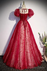 Unique And Beautiful Wine Red Sequin Square Neckline Short Sleeved Ball Dress Wine Red A-Shaped/Princess Fluffy Backless Tie Bow And Floor Length Evening Dress