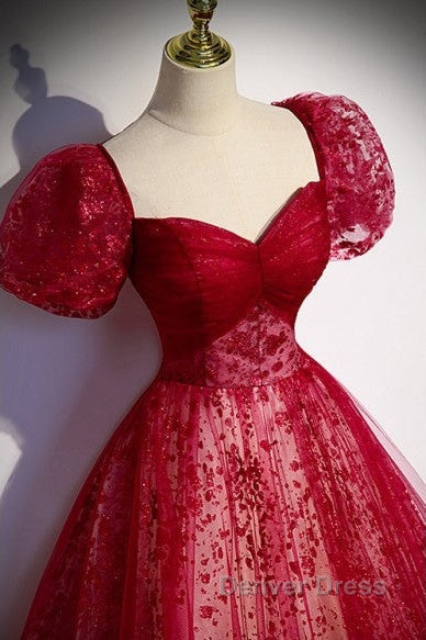 Unique And Beautiful Wine Red Sequin Square Neckline Short Sleeved Ball Dress Wine Red A Shaped Princess Fluffy Backless Tie Bow And Floor Length Prom Dresses