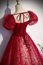 Unique And Beautiful Wine Red Sequin Square Neckline Short Sleeved Ball Dress Wine Red A Shaped Princess Fluffy Backless Tie Bow And Floor Length Prom Dresses