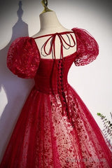 Unique And Beautiful Wine Red Sequin Square Neckline Short Sleeved Ball Dress Wine Red A-Shaped/Princess Fluffy Backless Tie Bow And Floor Length Evening Dress