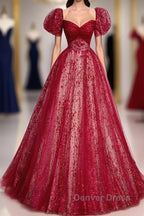 Unique And Beautiful Wine Red Sequin Square Neckline Short Sleeved Ball Dress Wine Red A Shaped Princess Fluffy Backless Tie Bow And Floor Length Prom Dresses