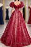 Unique And Beautiful Wine Red Sequin Square Neckline Short Sleeved Ball Dress Wine Red A Shaped Princess Fluffy Backless Tie Bow And Floor Length Prom Dresses