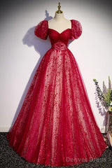 Unique And Beautiful Wine Red Sequin Square Neckline Short Sleeved Ball Dress Wine Red A-Shaped/Princess Fluffy Backless Tie Bow And Floor Length Evening Dress