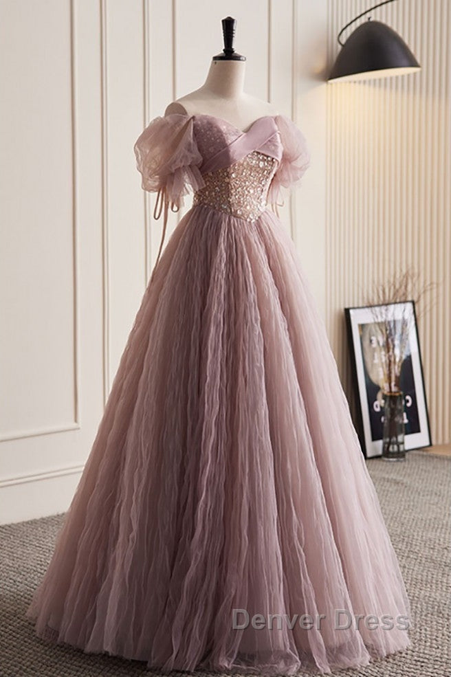 Unique And Elegant Dark Pink Sequin Off The Shoulder Short Sleeved Ball Dresses Dark Pink A-Line Princess Glitter Beaded Backless And Ground Length Prom Dresses Secondary image
