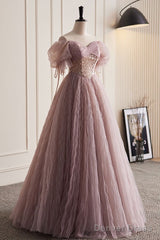 Unique And Elegant Dark Pink Sequin Off The Shoulder Short Sleeved Ball Dress Dark Pink A-Line Princess Glitter Beaded Backless And Ground Length Prom Dress
