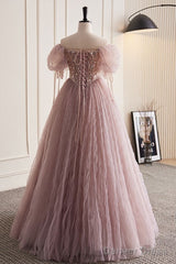 Unique And Elegant Dark Pink Sequin Off The Shoulder Short Sleeved Ball Dress Dark Pink A-Line Princess Glitter Beaded Backless And Ground Length Prom Dress