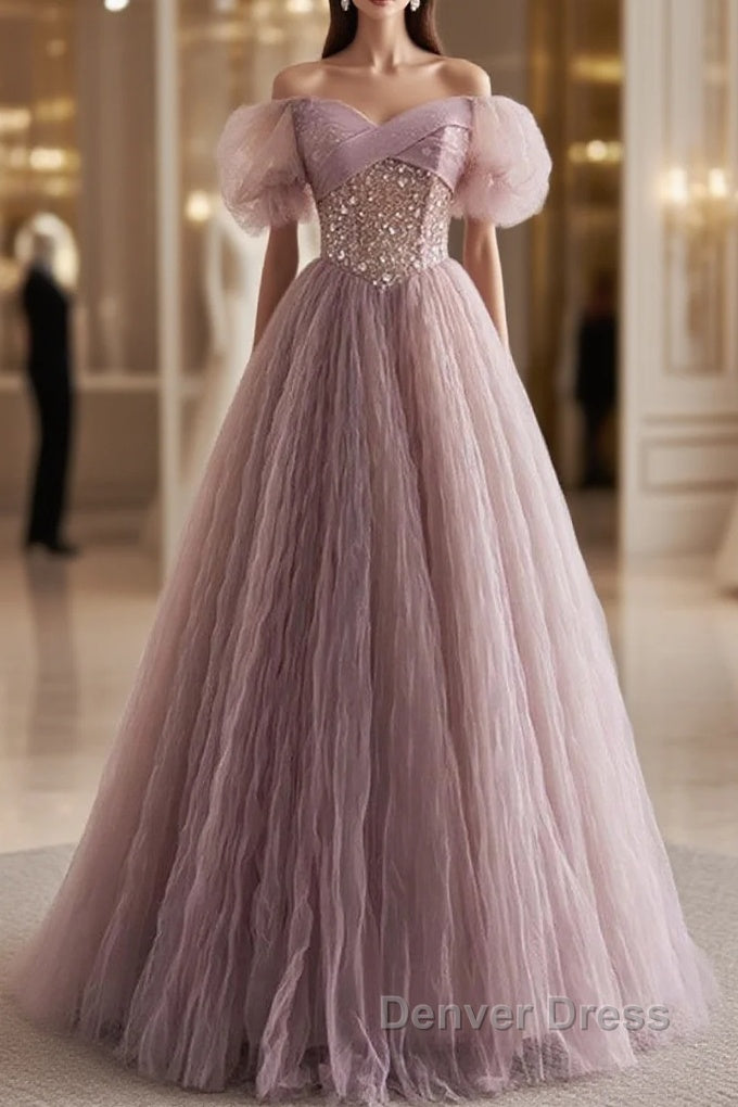 Unique And Elegant Dark Pink Sequin Off The Shoulder Short Sleeved Ball Dresses Dark Pink A-Line Princess Glitter Beaded Backless And Ground Length Prom Dresses Main image