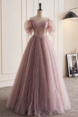 Unique And Elegant Dark Pink Sequin Off The Shoulder Short Sleeved Ball Dress Dark Pink A-Line Princess Glitter Beaded Backless And Ground Length Prom Dress