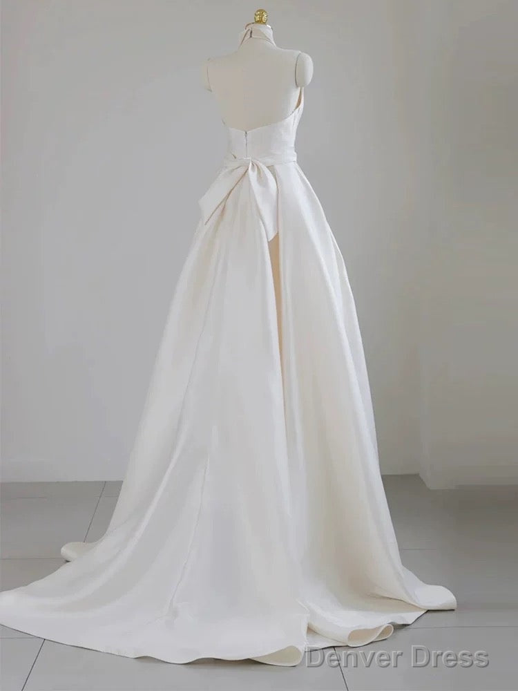 Unique Ball Gowns Halter Neckline Satin Pleats White Wedding Dresses Secondary image