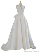 Unique Ball Gown Halter Neckline Satin Pleats White Wedding Dresses