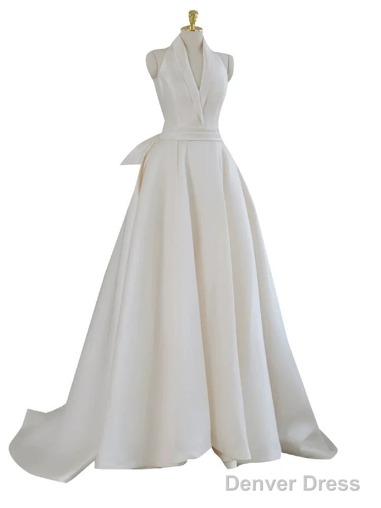 Unique Ball Gowns Halter Neckline Satin Pleats White Wedding Dresses
