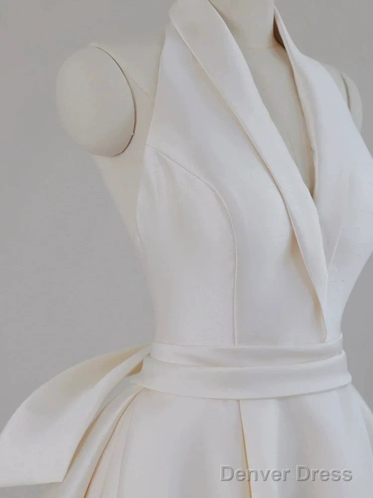 Unique Ball Gowns Halter Neckline Satin Pleats White Wedding Dresses