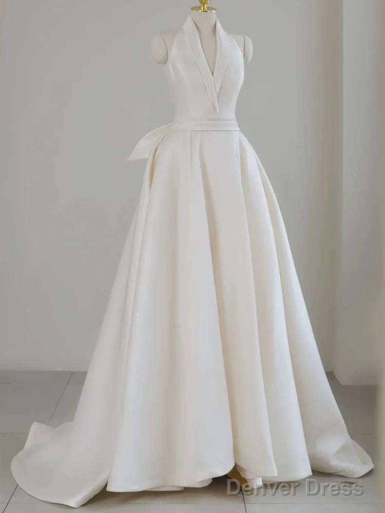 Unique Ball Gown Halter Neckline Satin Pleats White Wedding Dresses Main image