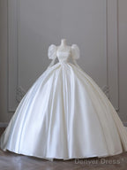 Unique Ball Gown High Neckline Lace Satin Long Sleeves Wedding Dresses Brides Dress