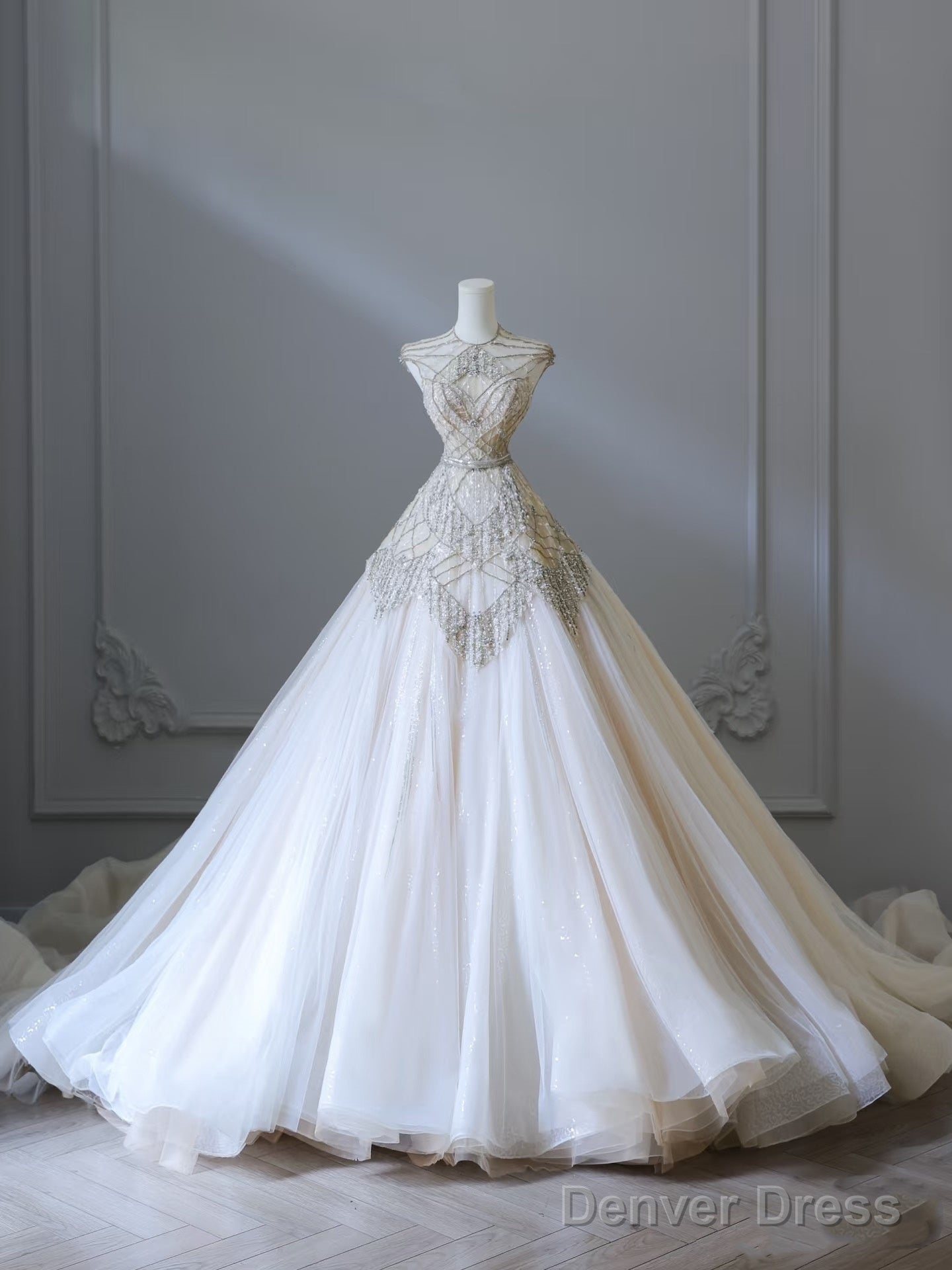 Unique Ball Gowns High Neckline Tulle White Long Wedding Dress Brides Dresses Secondary image