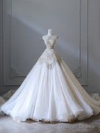 Unique Ball Gowns High Neckline Tulle White Long Wedding Dress Brides Dresses