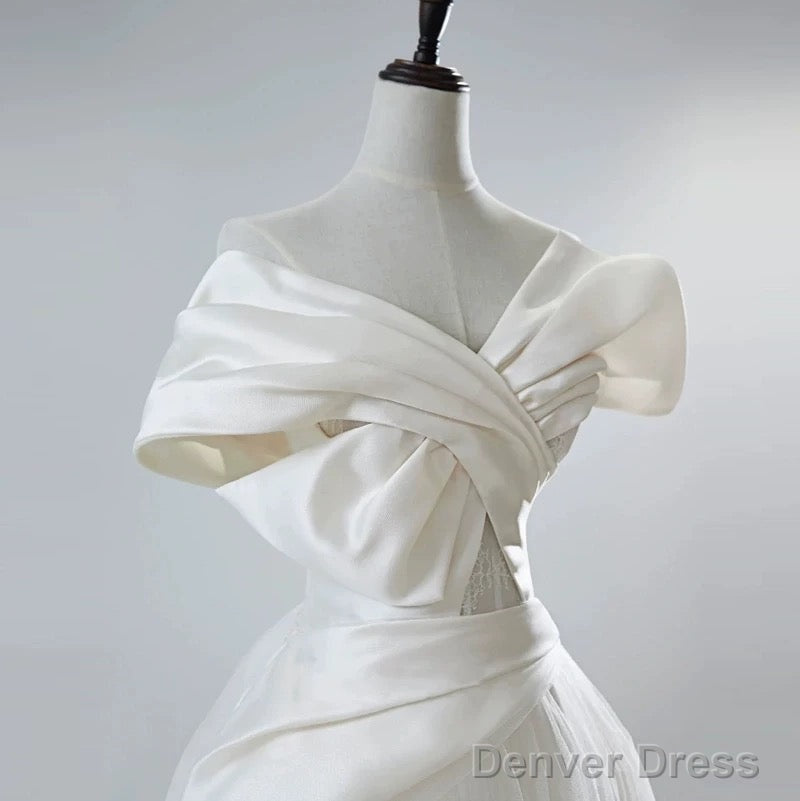 Unique Ball Gown Off The Shoulder Long White Satin Wedding Dresses
