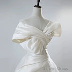 Unique Ball Gowns Off The Shoulder Long White Satin Wedding Dresses