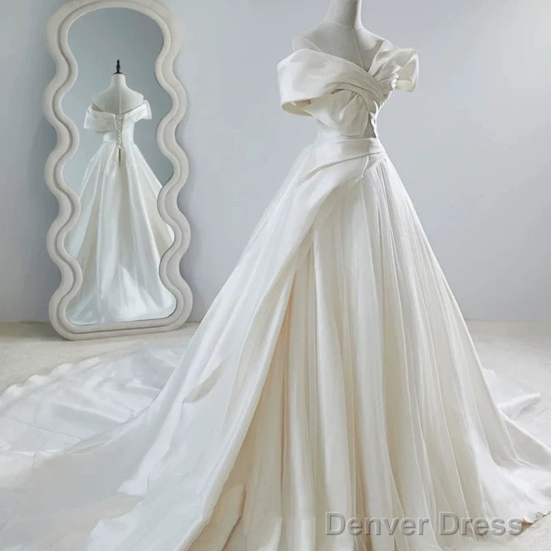 Unique Ball Gown Off The Shoulder Long White Satin Wedding Dresses Main image