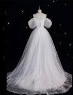 Unique Ball Gowns Off The Shoulder Sequin Short Sleeves White Wedding Dress Brides Dresses