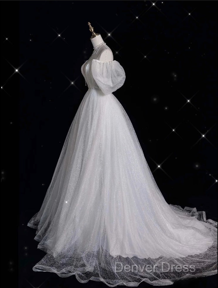 Unique Ball Gowns Off The Shoulder Sequin Short Sleeves White Wedding Dress Brides Dresses