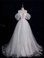 Unique Ball Gowns Off The Shoulder Sequin Short Sleeves White Wedding Dress Brides Dresses