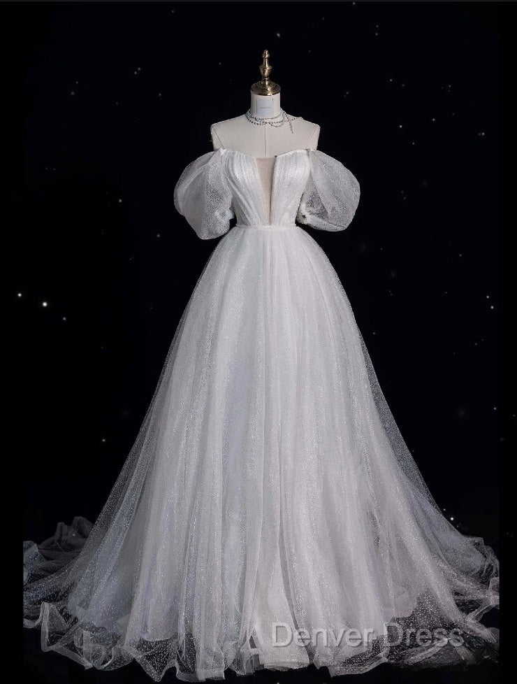 Unique Ball Gowns Off The Shoulder Sequin Short Sleeves White Wedding Dress Brides Dresses