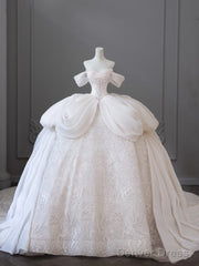 Unique Ball Gown Off The Shoulder Tulle White Long Wedding Dresses Brides Dress