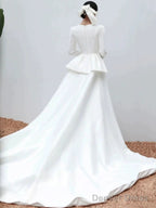 Unique Ball Gown Scoop Neckline Long Sleeves White Satin Wedding Dresses