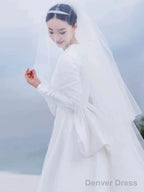 Unique Ball Gown Scoop Neckline Long Sleeves White Satin Wedding Dresses