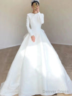 Unique Ball Gown Scoop Neckline Long Sleeves White Satin Wedding Dresses