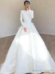 Unique Ball Gown Scoop Neckline Long Sleeves White Satin Wedding Dresses