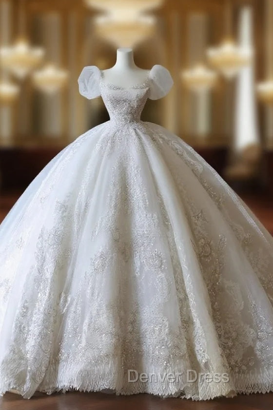 Unique Ball Gown Square Neckline Sequin Short Sleeves Wedding Dresses Brides Dresses Main image