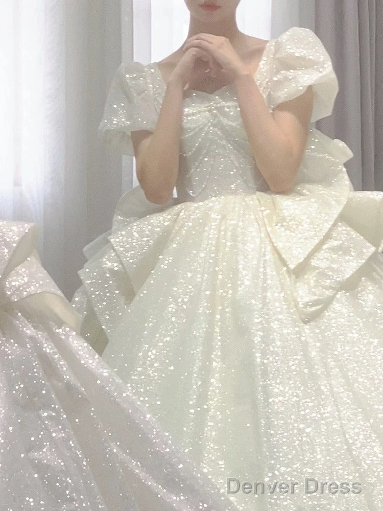 Unique Ball Gowns Square Neckline Short Sleeves Sequin White Wedding Dress Brides Dresses Secondary image