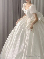 Unique Ball Gown Square Neckline Short Sleeves Sequin White Wedding Dresses Brides Dress