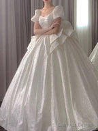 Unique Ball Gowns Square Neckline Short Sleeves Sequin White Wedding Dress Brides Dresses