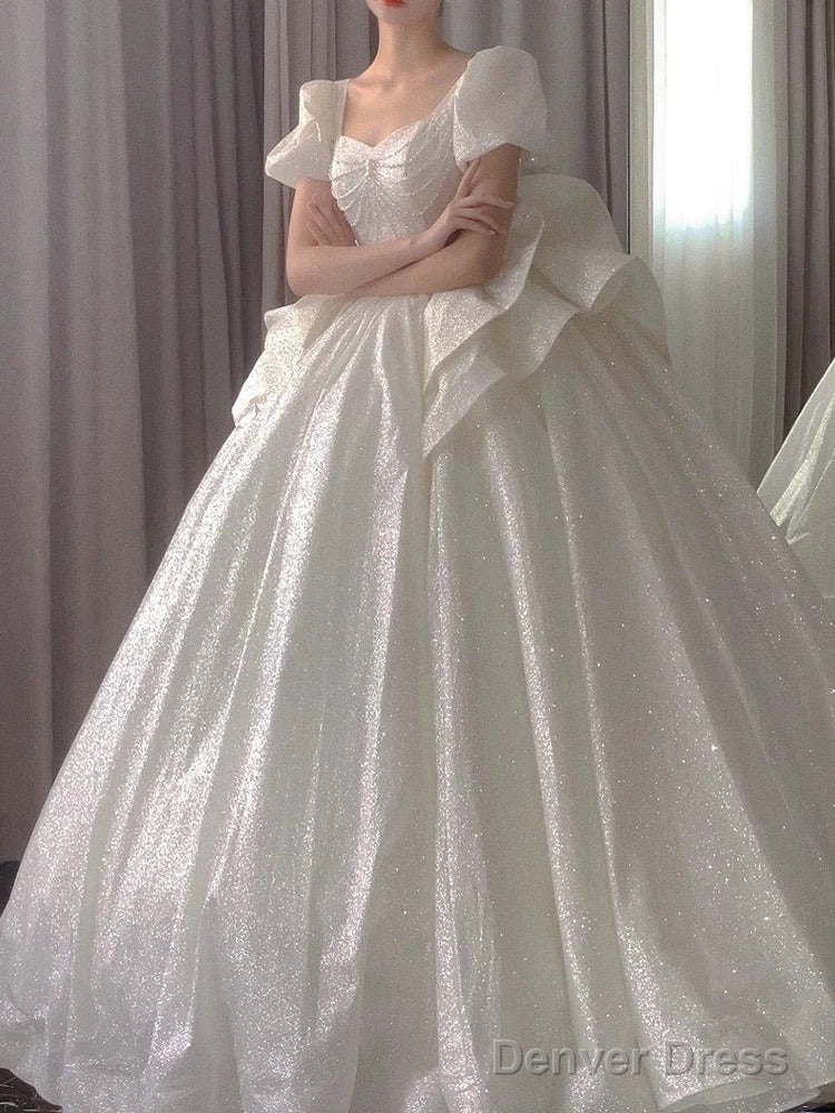 Unique Ball Gowns Square Neckline Short Sleeves Sequin White Wedding Dress Brides Dresses