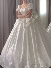 Unique Ball Gown Square Neckline Short Sleeves Sequin White Wedding Dresses Brides Dress
