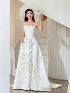 Unique Ball Gown Strapless Neckline Long White Satin Floral Wedding Dresses