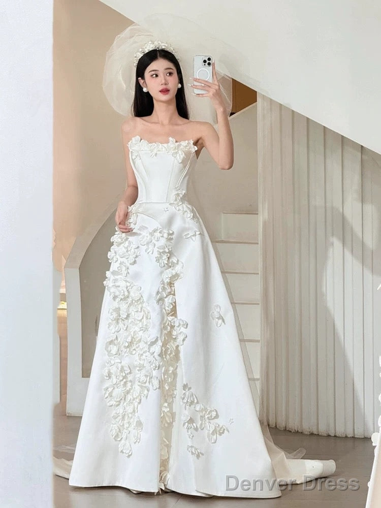 Unique Ball Gown Strapless Neckline Long White Satin Floral Wedding Dresses