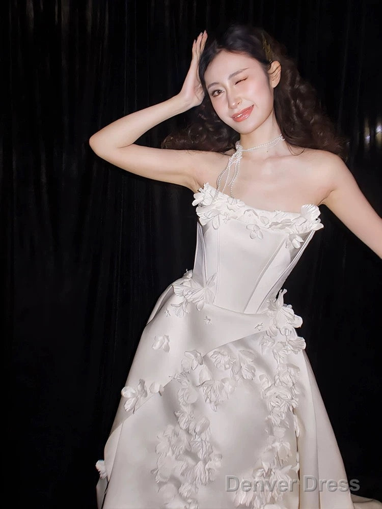 Unique Ball Gown Strapless Neckline Long White Satin Floral Wedding Dresses