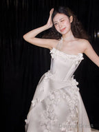Unique Ball Gowns Strapless Neckline Long White Satin Floral Wedding Dresses