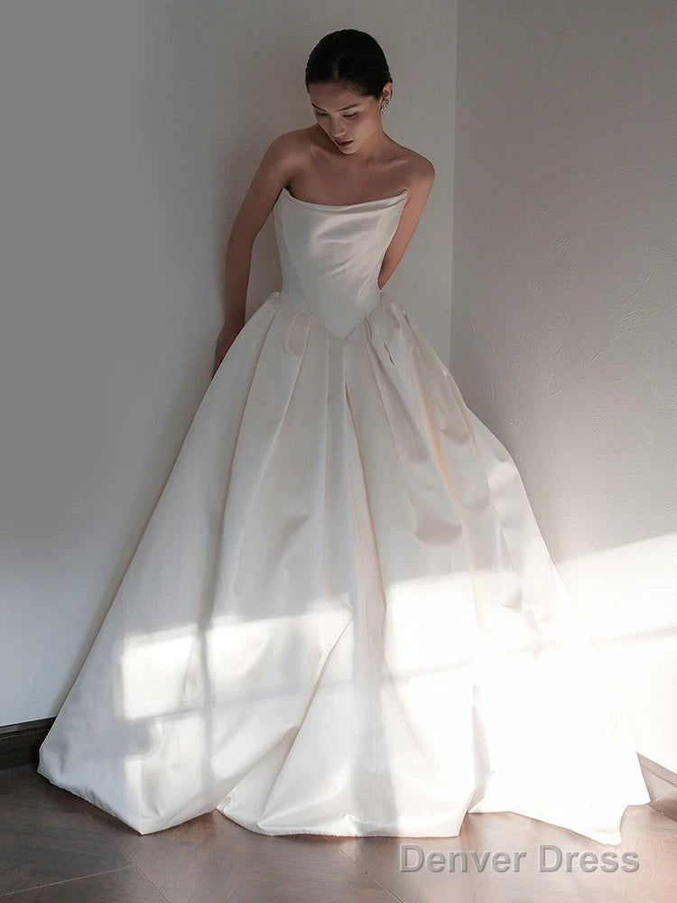 Unique Ball Gowns Strapless Neckline Long White Satin Wedding Dresses