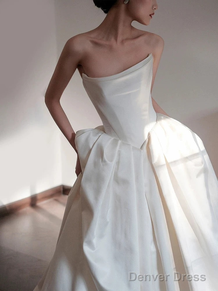 Unique Ball Gowns Strapless Neckline Long White Satin Wedding Dresses