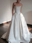 Unique Ball Gowns Strapless Neckline Long White Satin Wedding Dresses