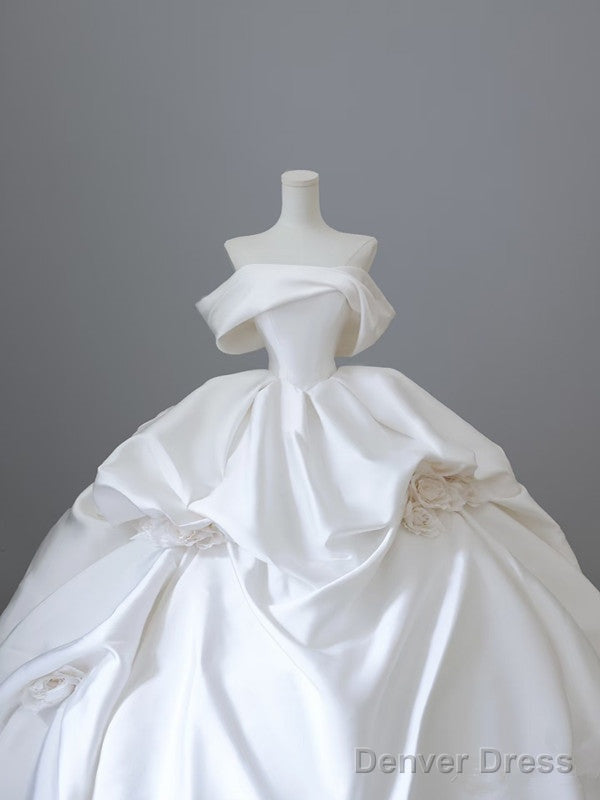 Unique Ball Gowns Strapless Off The Shoulder Satin Long Wedding Dress Brides Dresses