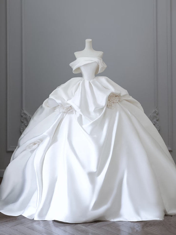 Unique Ball Gowns Strapless Off The Shoulder Satin Long Wedding Dress Brides Dresses