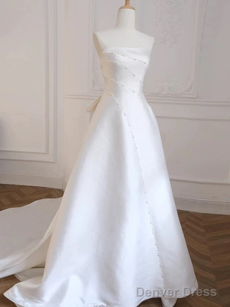Unique Ball Gowns Strapless Sleeveless Long White Satin Wedding Dresses