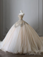 Unique Ball Gown Strapless Tulle Champagne Long Wedding Dresses Brides Dress